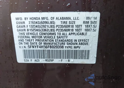 2015 Honda Pilot Ex-L from USA, damaged, VIN 5FNYF4H56FB020398